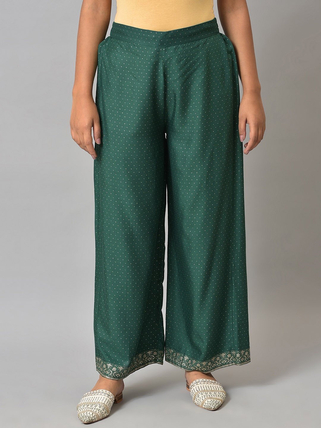 

W Polka Dots Printed Straight Fit Palazzos, Green