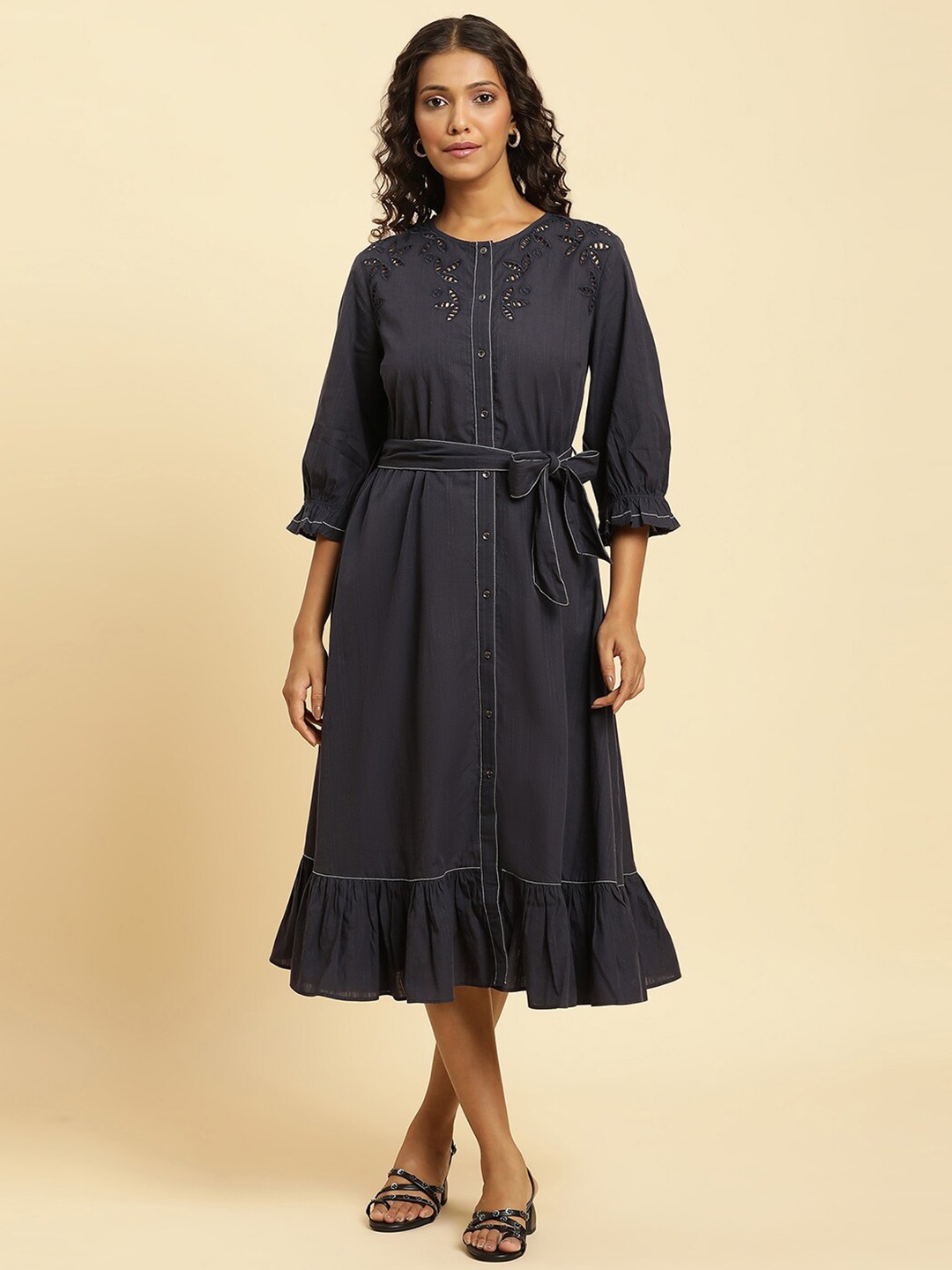 

W Puff Sleeve Cotton A-Line Midi Dress, Blue