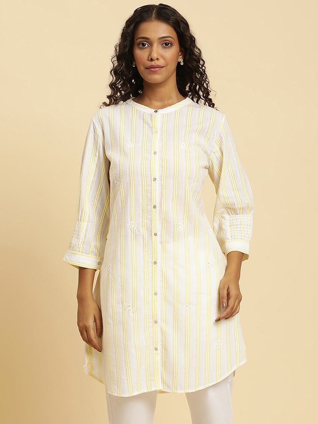 

W Cream-Coloured Striped Mandarin Collar Thread Work Pure Cotton A-Line kurta