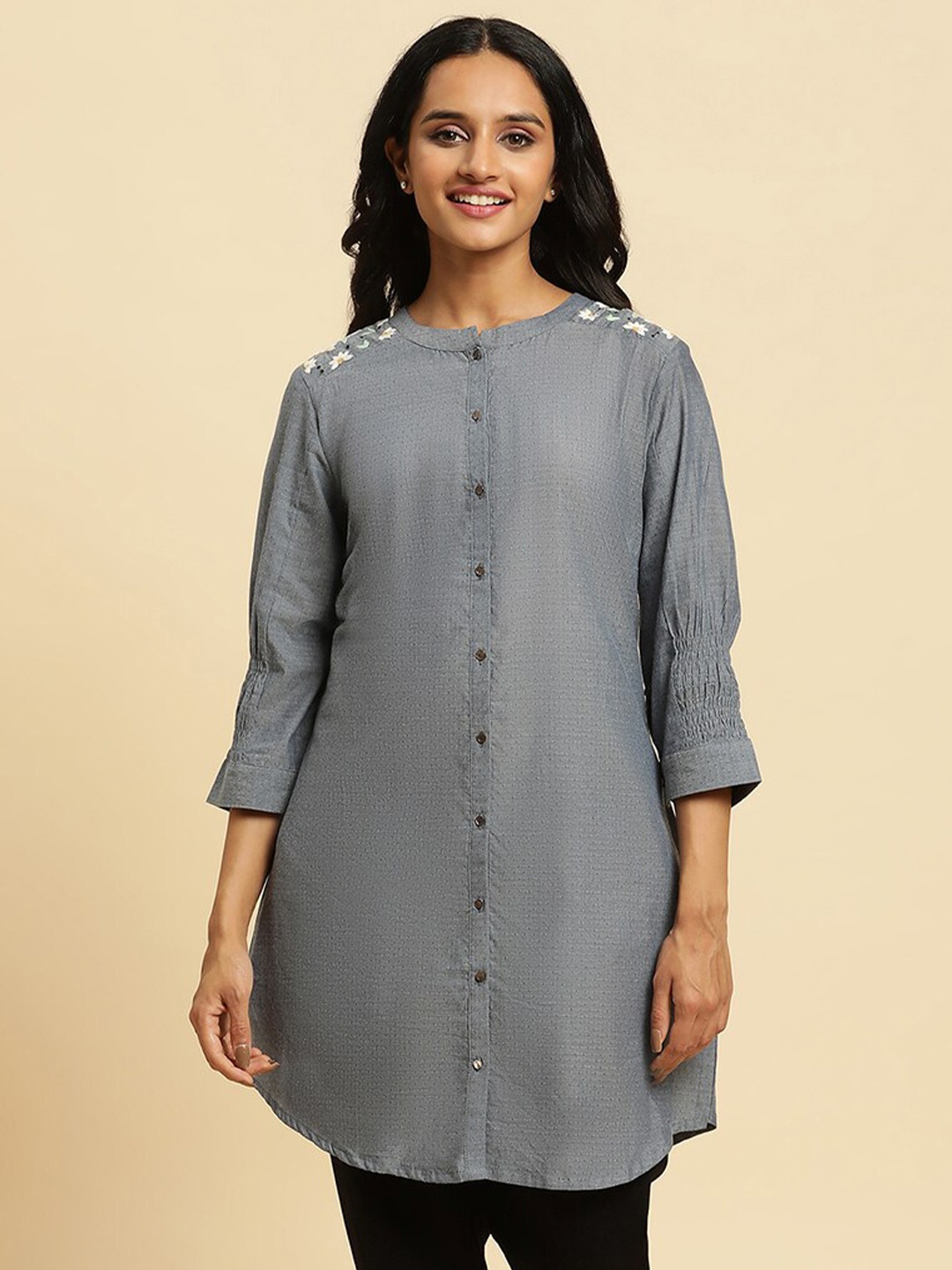 

W Grey Floral Woven Design Mandarin Collar Pure Cotton A-Line kurta