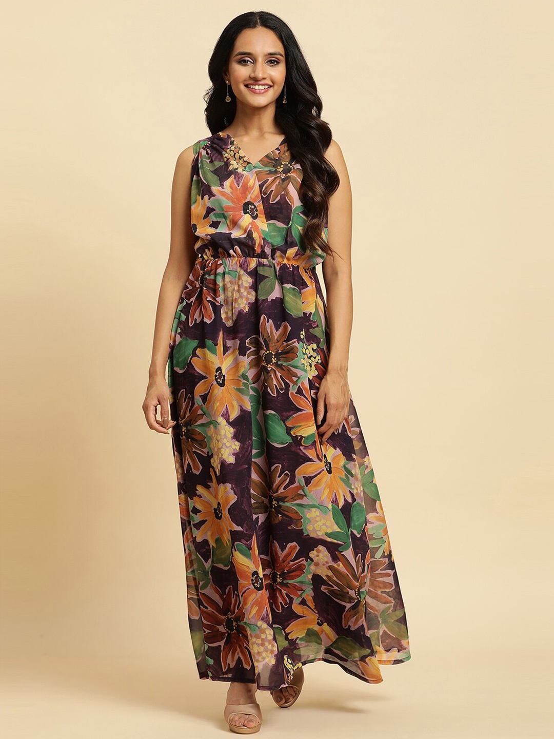 

W Floral Print V-Neck Sleeveless Maxi Dress, Purple