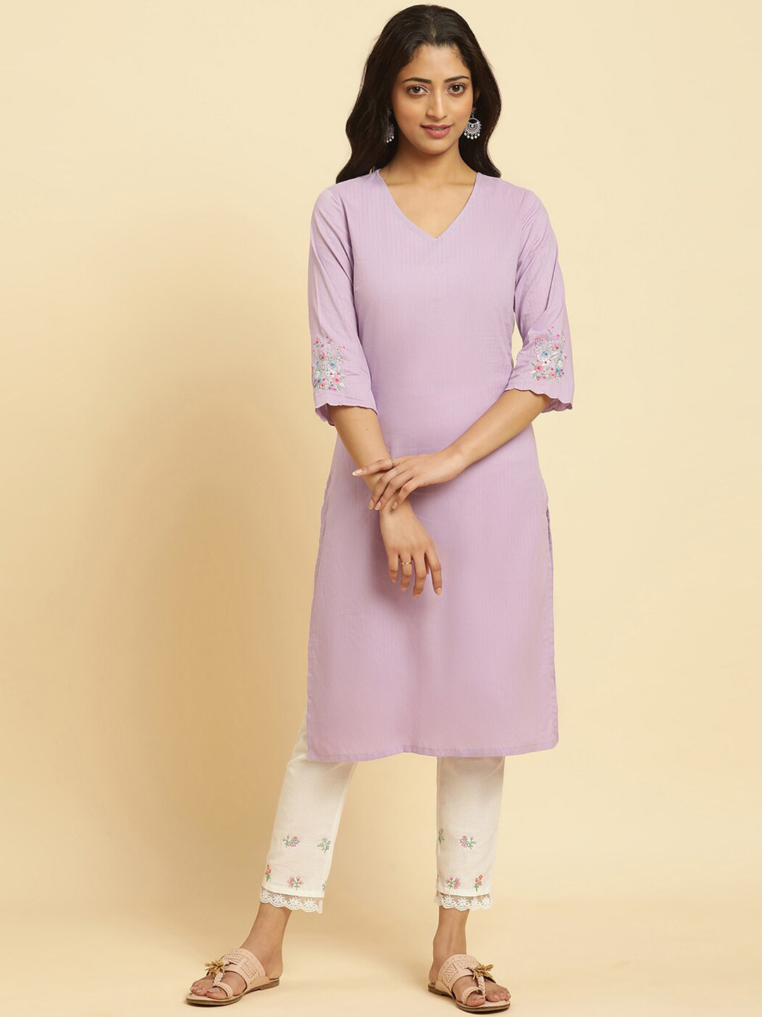 

W Purple Thread Work Pure Cotton Straight Kurta