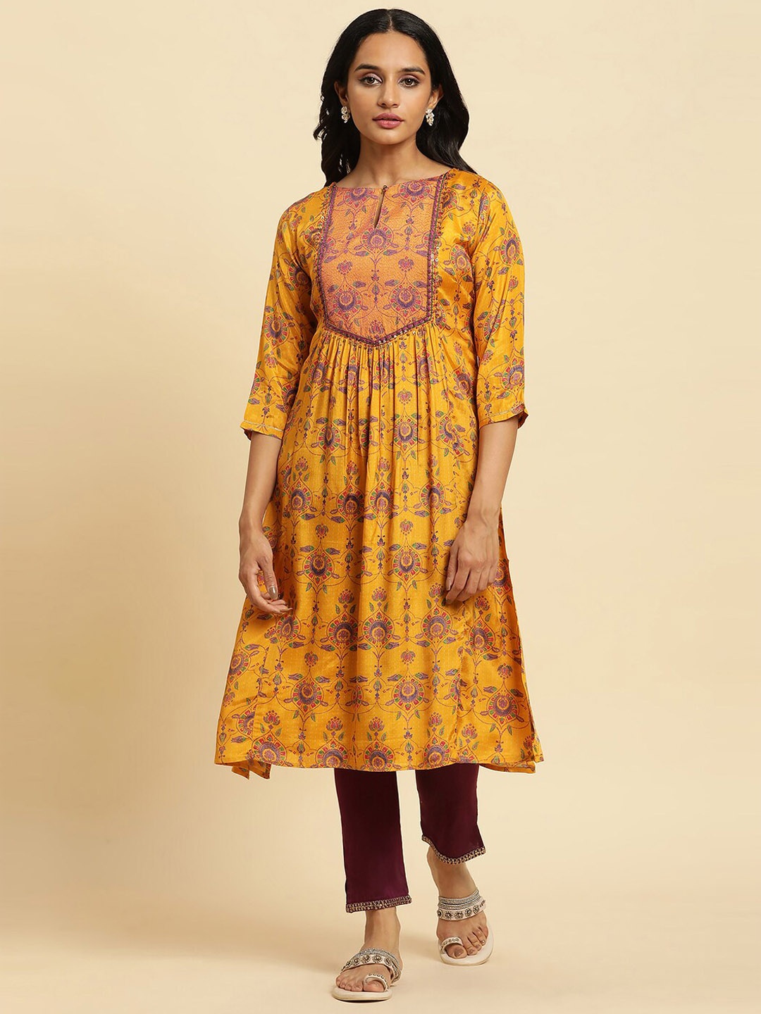 

W Yellow Ethnic Motifs Printed Keyhole Neck Pleated Kurta