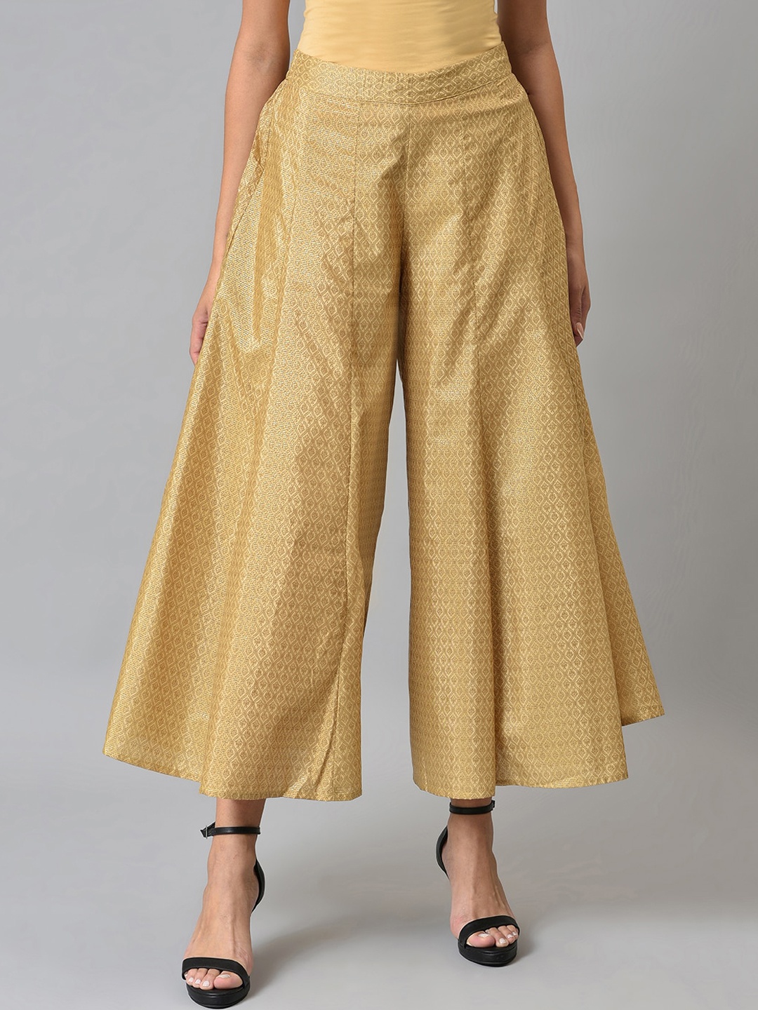 

W Women Ethnic Motifs Woven Designed Pleated Culottes, Gold