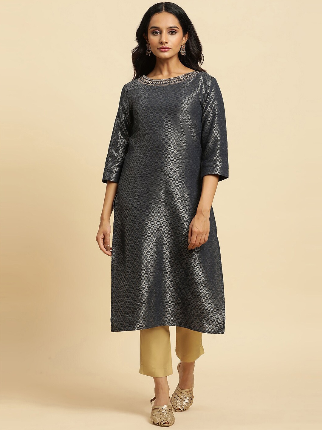 

W Ethnic Motifs Woven Design Straight Kurta, Grey