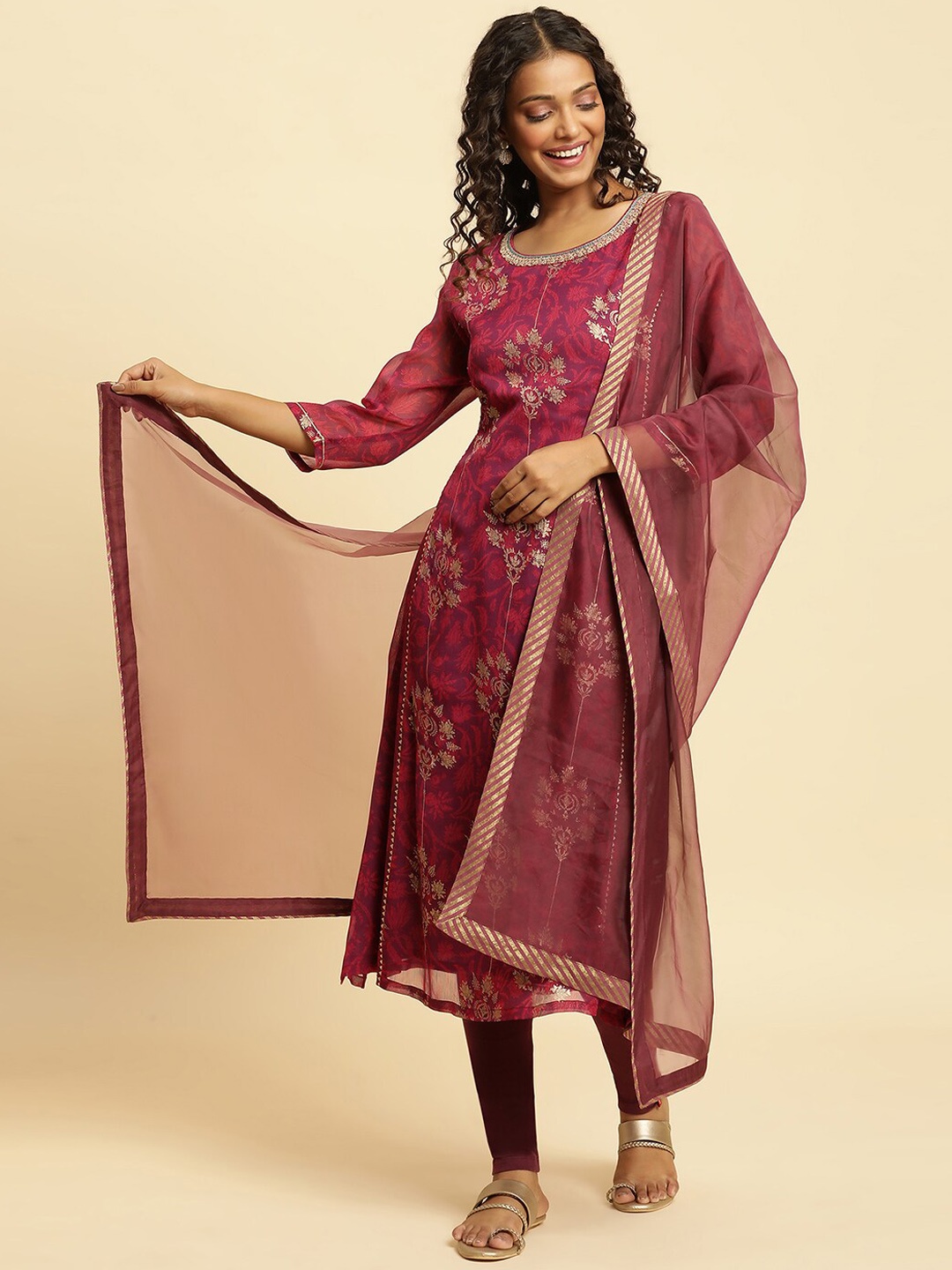 

W Purple Floral Printed Sequinned A-Line Kurta