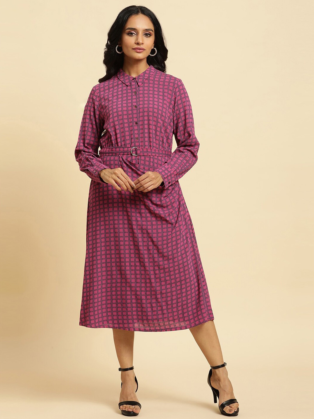 

W Geometric Printed A-Line Midi Dress, Pink