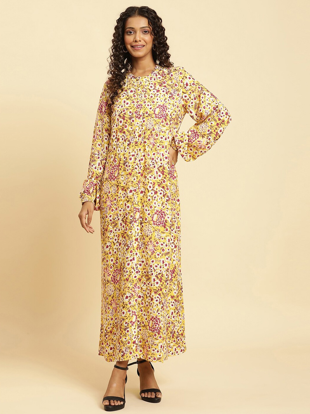 

W Floral Print Puff Sleeve Maxi Dress, Yellow