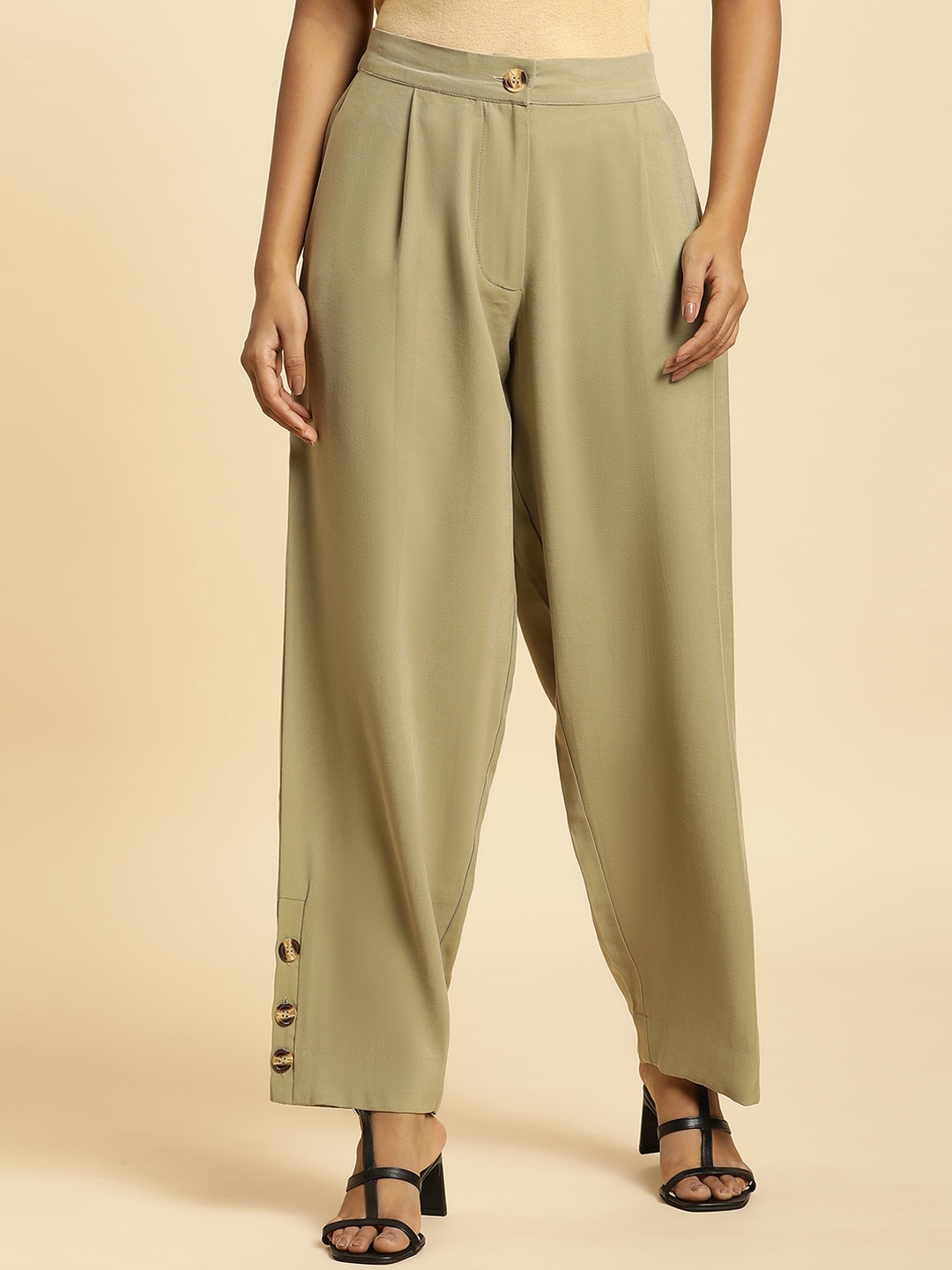 

W Women Green Straight Fit Pleated Parallel Trousers