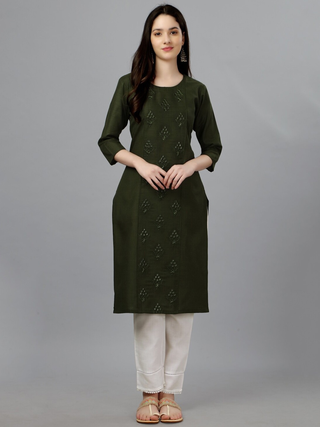 

Anouk Ethnic Motifs Embroidered Sequinned Kurta, Olive