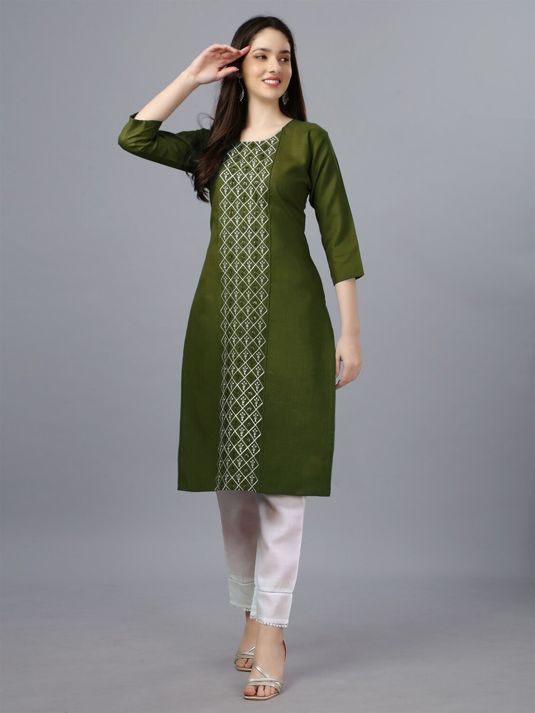 

Anouk Ethnic Motifs Embroidered Regular Sequined Straight Kurta, Olive