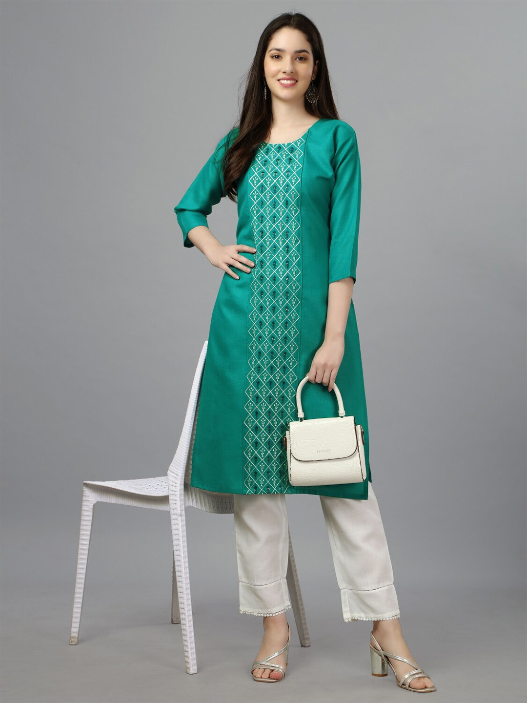 

Anouk Ethnic Motifs Embroidered Regular Sequined Straight Kurta, Green