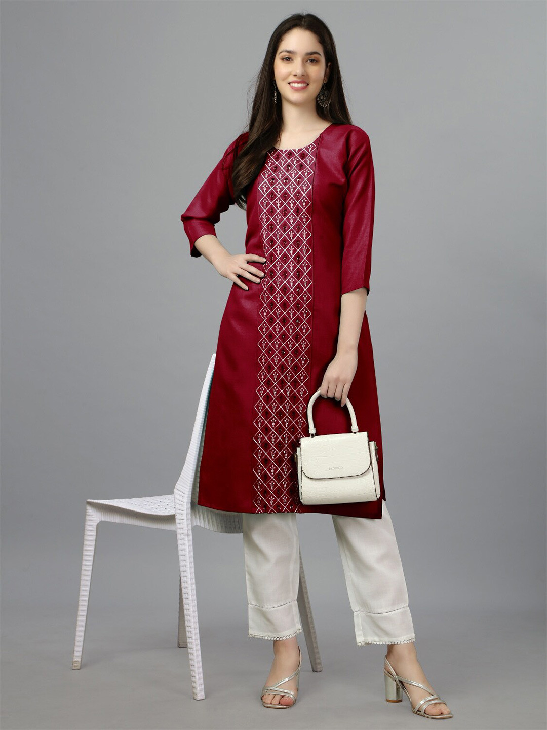 

Anouk Ethnic Motifs Embroidered Regular Sequined Straight Kurta, Maroon