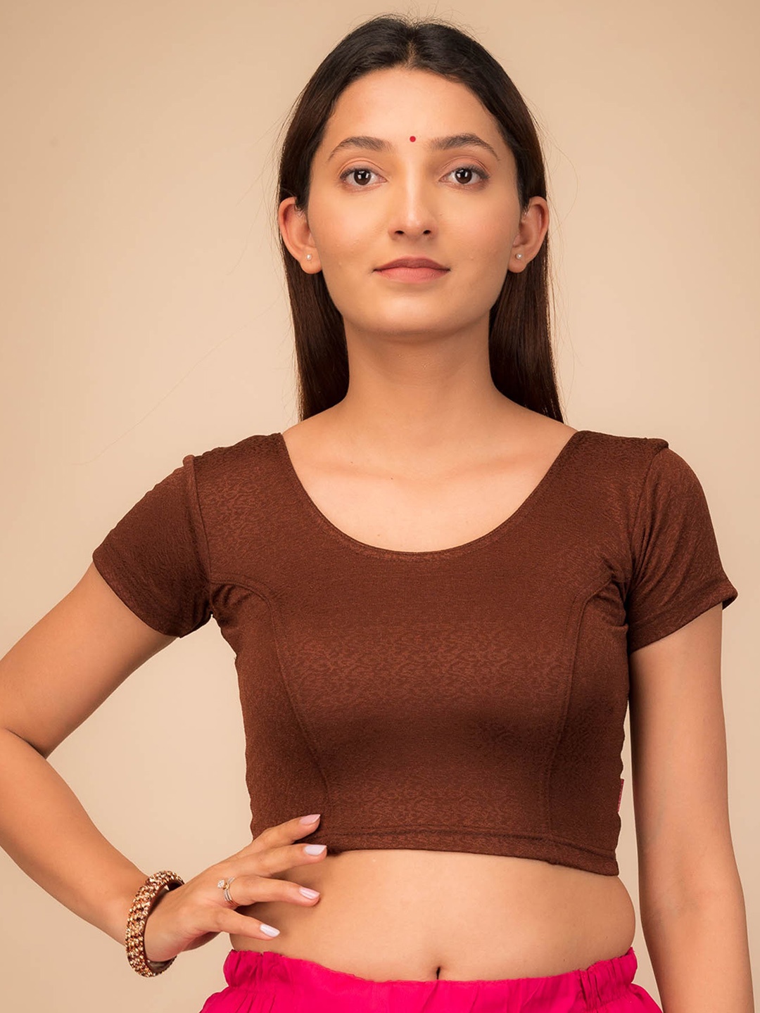 

Bindigasm's Advi Woven Design Stretchable Slip On Saree Blouse, Coffee brown