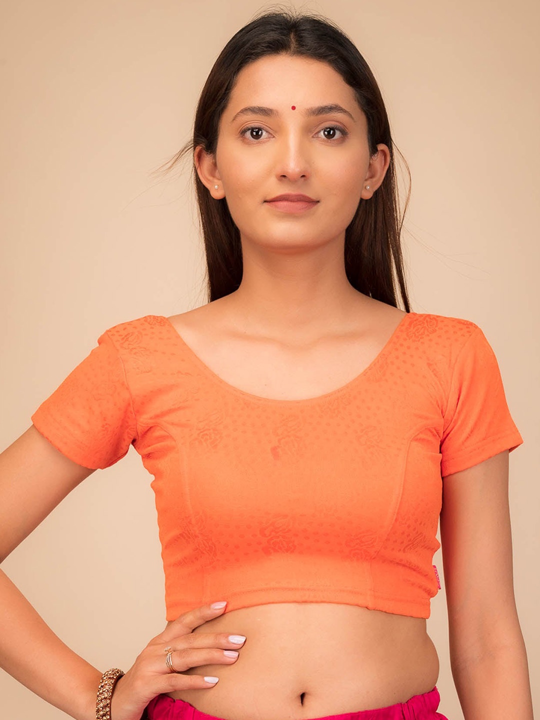 

Bindigasm's Advi Self Design Stretchable Slip On Jacquard Blouse, Orange