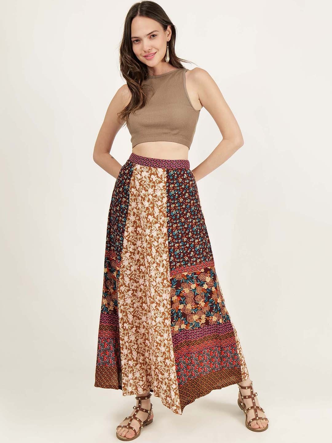 

DRIRO Mix and Match Floral Printed Flared A-Line Maxi Skirt, Brown