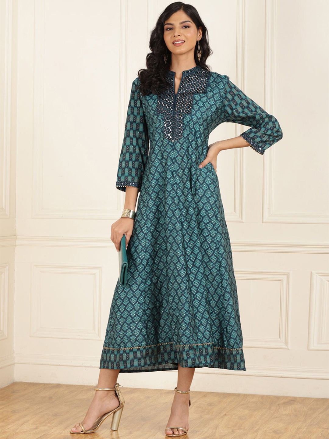 

Lakshita Ethnic Motifs Printed A-Line Midi Ethnic Dress, Teal