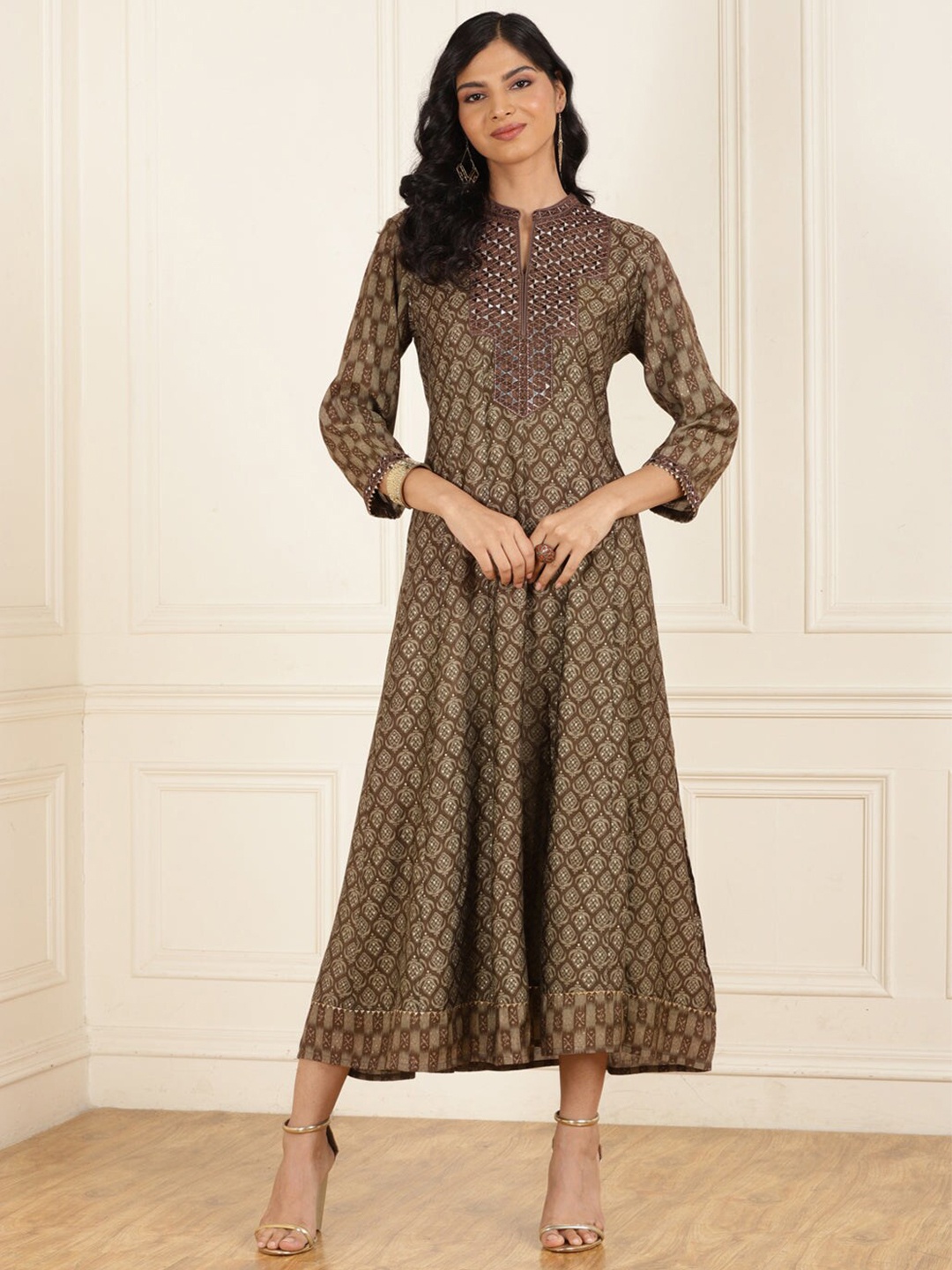 

Lakshita Ethnic Motifs Printed A-Line Maxi Ethnic Dress, Brown
