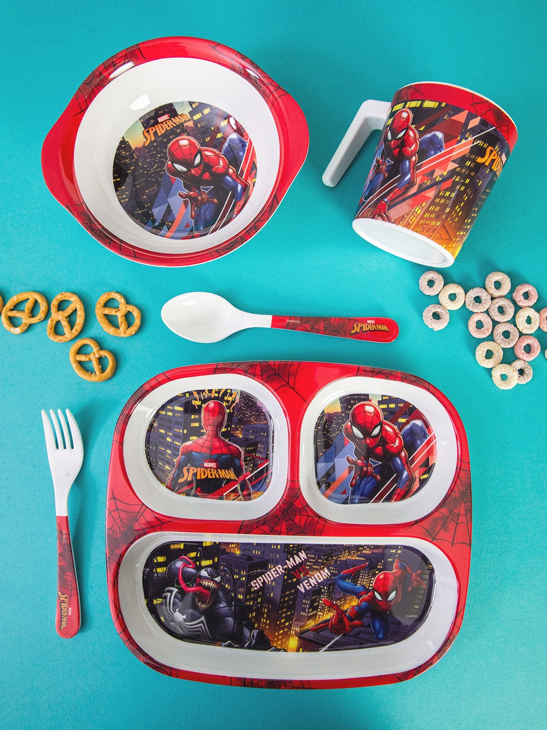 

Servewell White & Red 5 Pieces Text or Slogans Printed Melamine Glossy Dinner Set