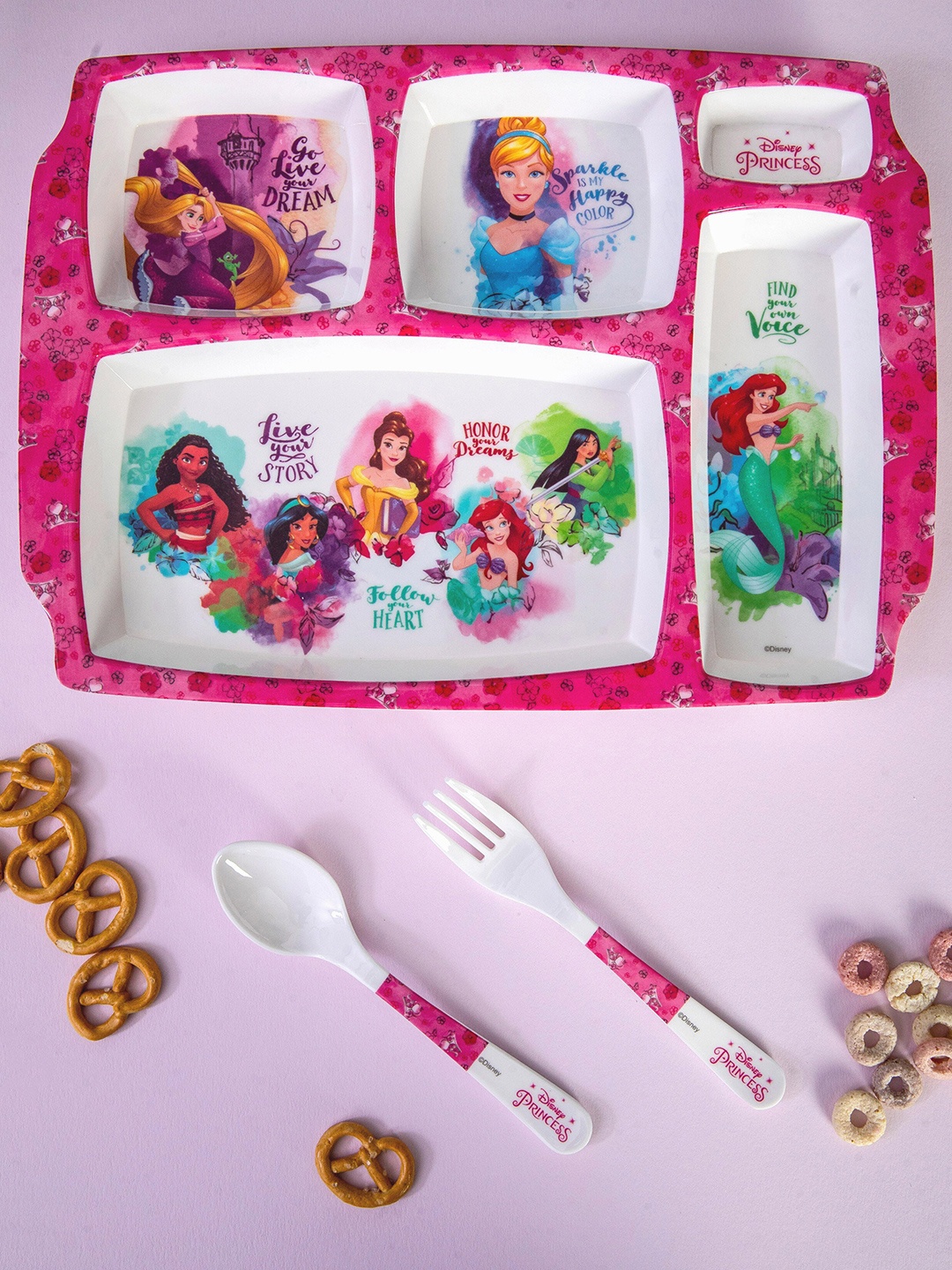 

Servewell White 3 Pieces Printed Melamine Glossy 5 Partition Plate With Spoon & Fork