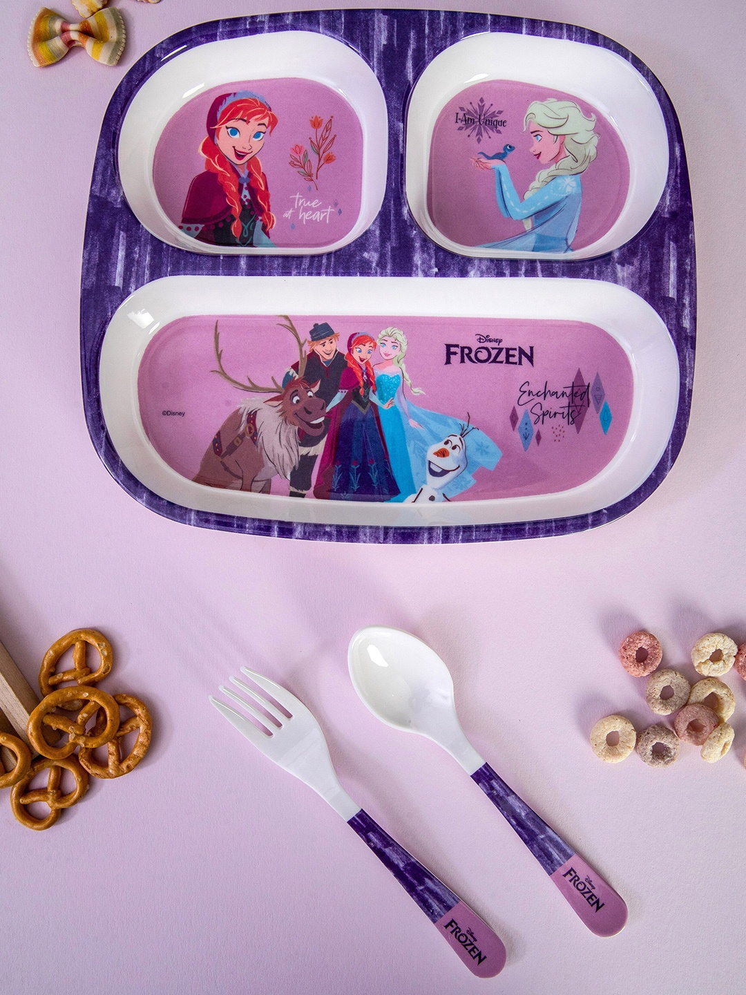 

Servewell White & Pink 3 Pieces Printed Melamine Glossy Partition Plate With Spoon & Fork