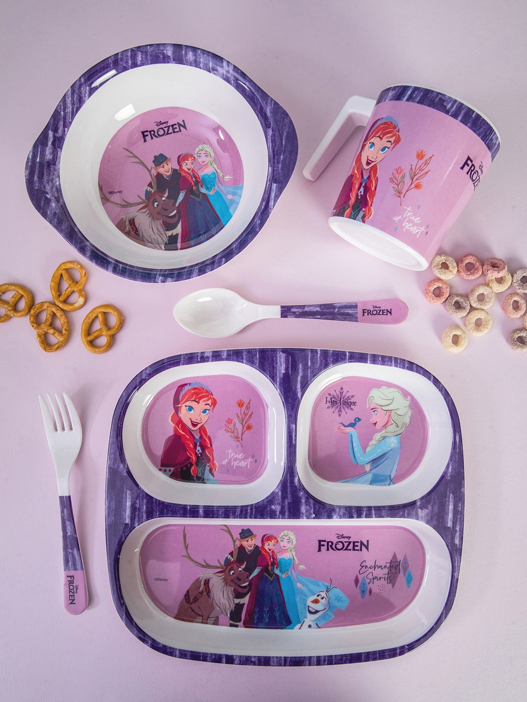 

Servewell White & Purple 5 Pieces Text or Slogans Printed Melamine Glossy Dinner Set