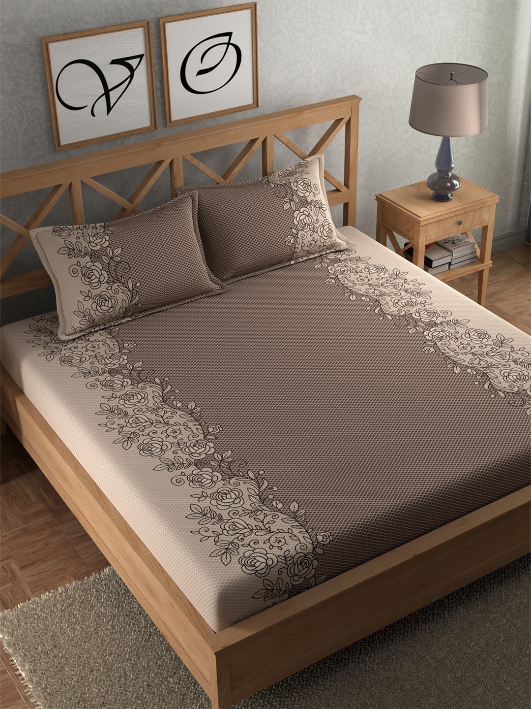 

CHHAVI INDIA Grey & Beige Floral 210 TC Queen Fitted Bedsheet with 2 Pillow Covers