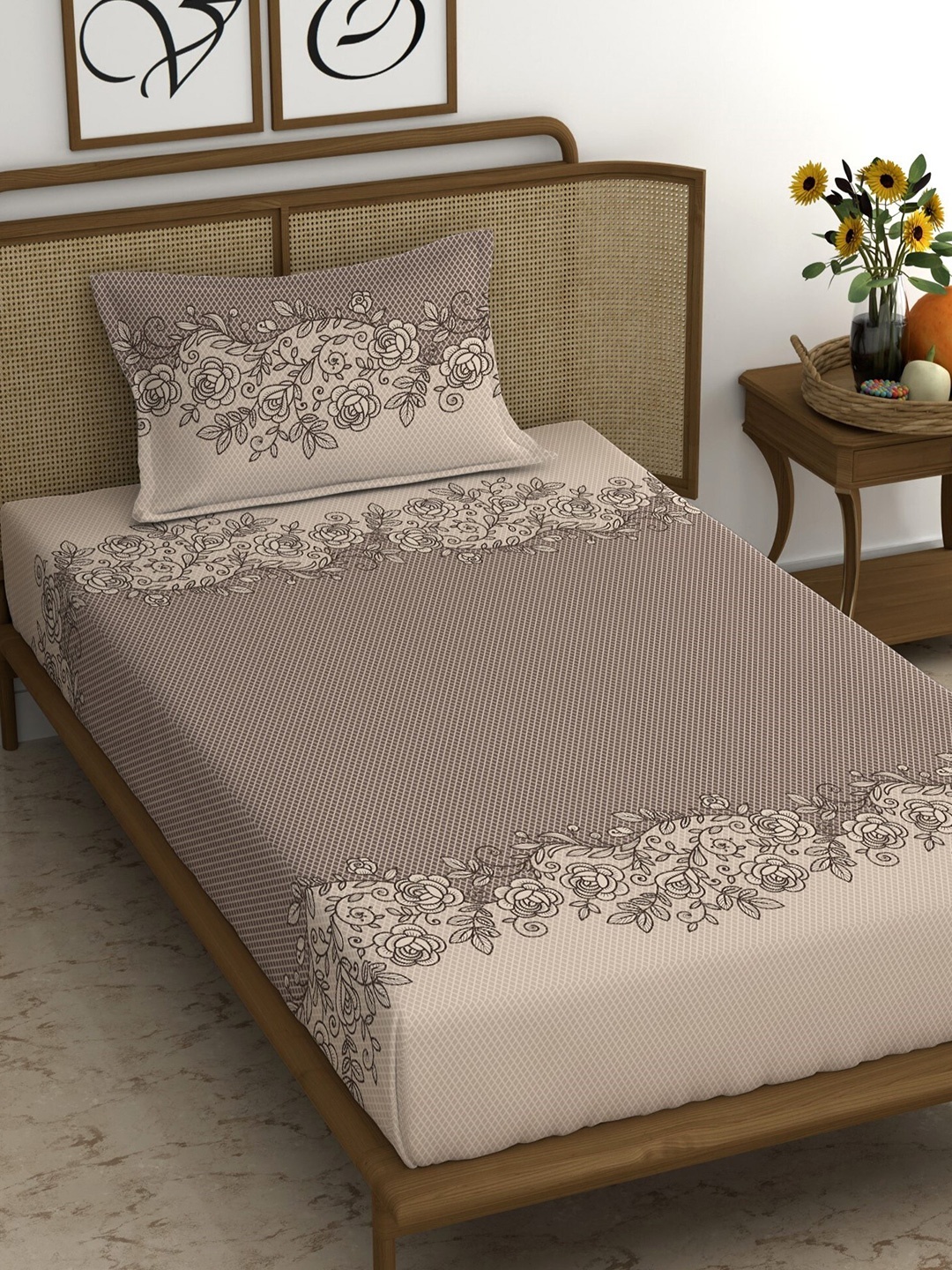 

CHHAVI INDIA Grey & Brown Floral 210 TC Single Bedsheet with 1 Pillow Cover