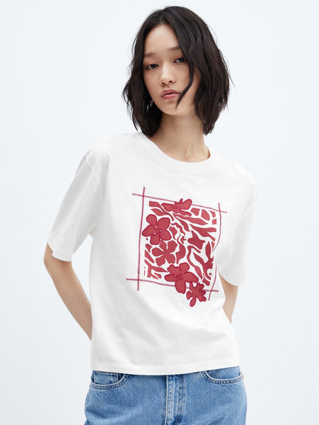 

MANGO Women Floral Printed Pure Cotton T-shirt, White