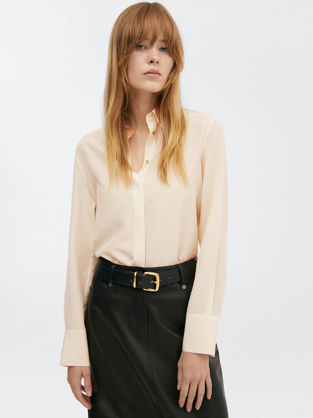 

MANGO Concealed Button Placket Silk Formal Shirt, Cream