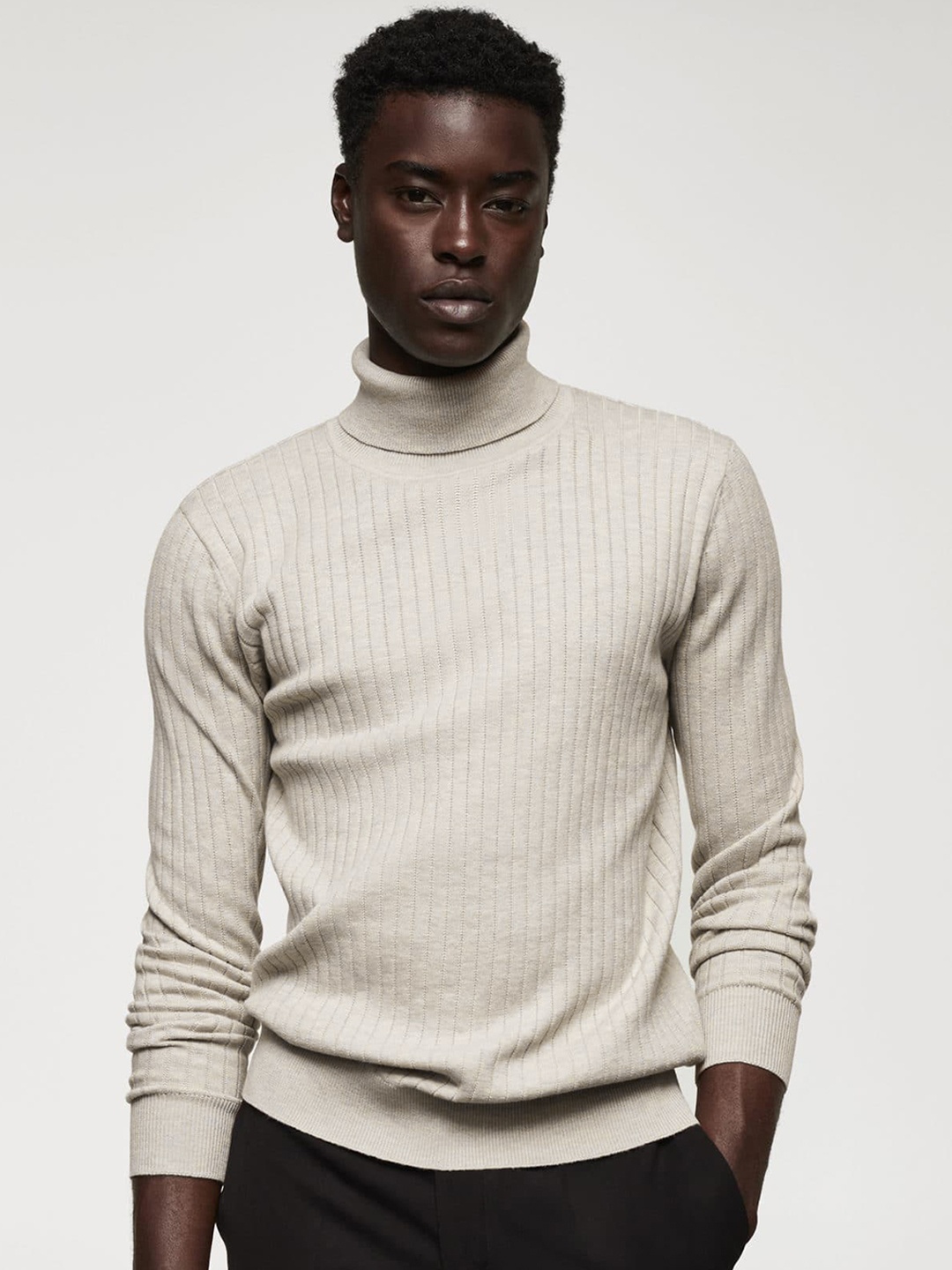 

MANGO MAN Turtle Neck Self-Striped Pullover, Beige