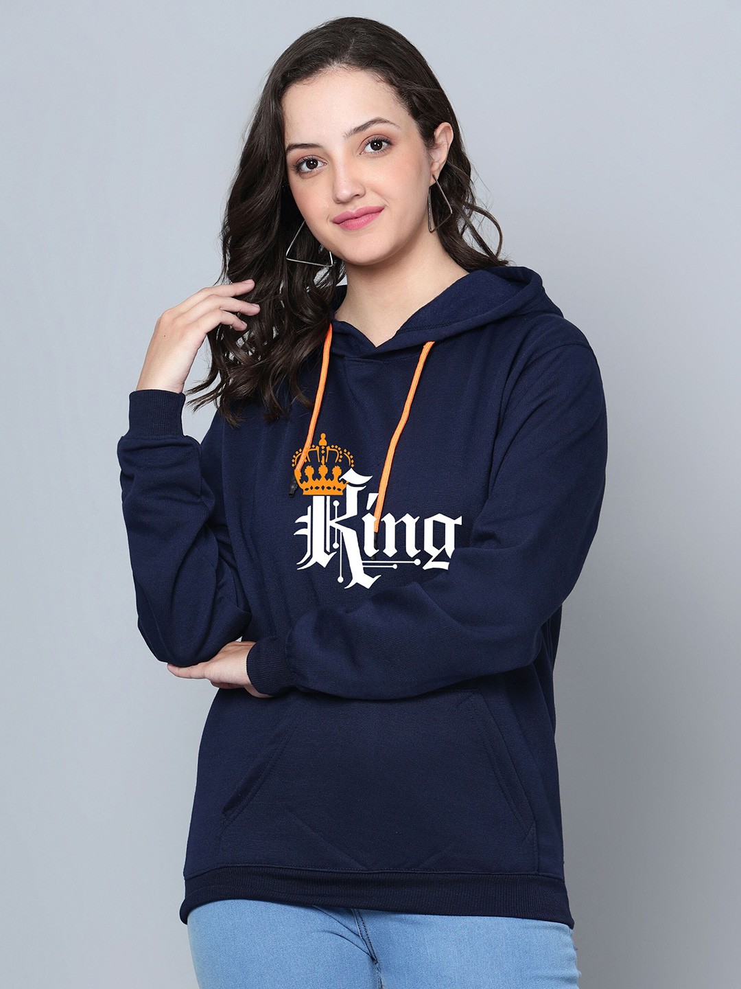 

Fashion And Youth Typography Printed Hooded Long Sleeves Fleece Pullover Sweatshirt, Navy blue