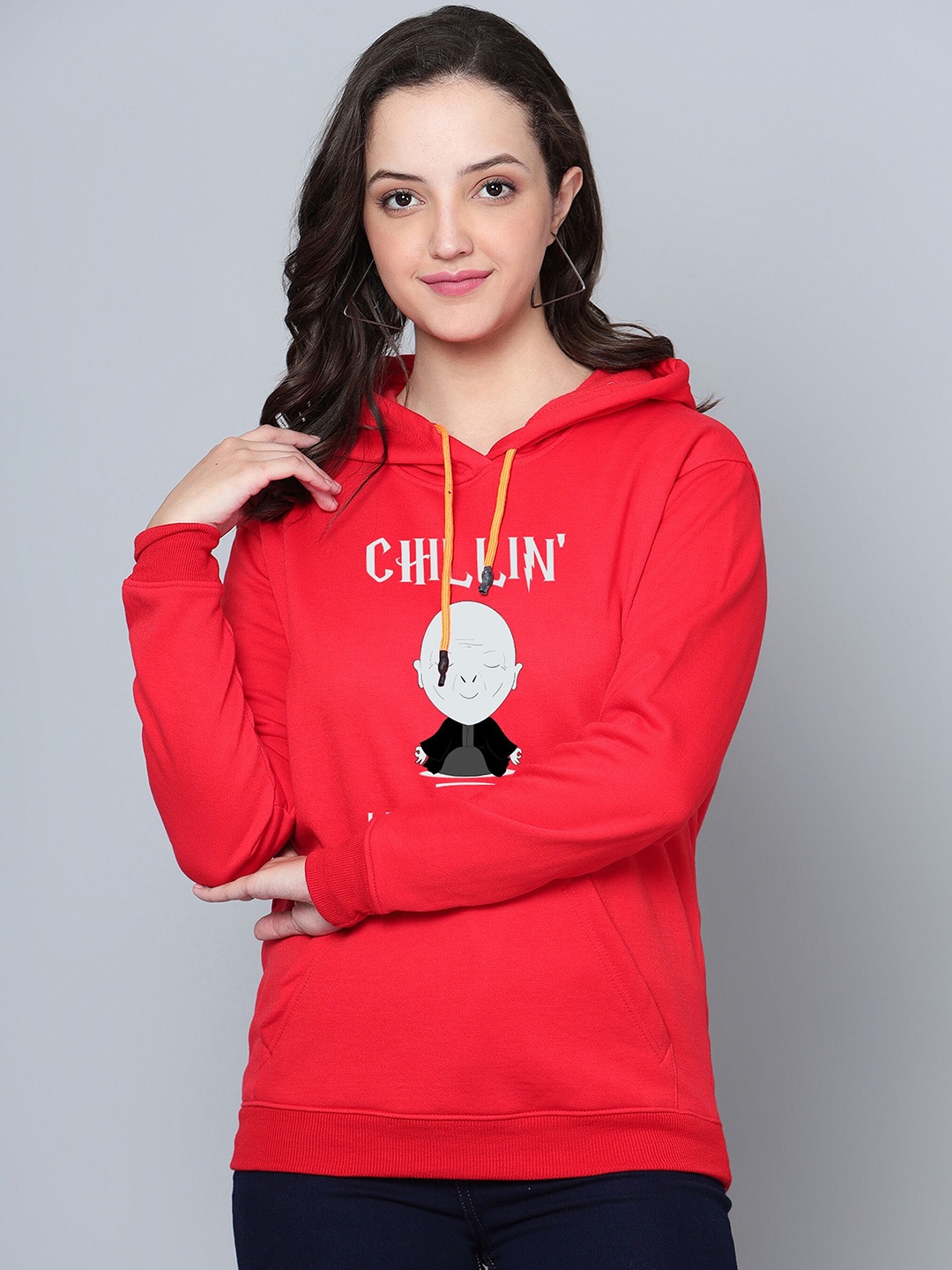 

Fashion And Youth Graphic Printed Hooded Long Sleeves Fleece Pullover, Red