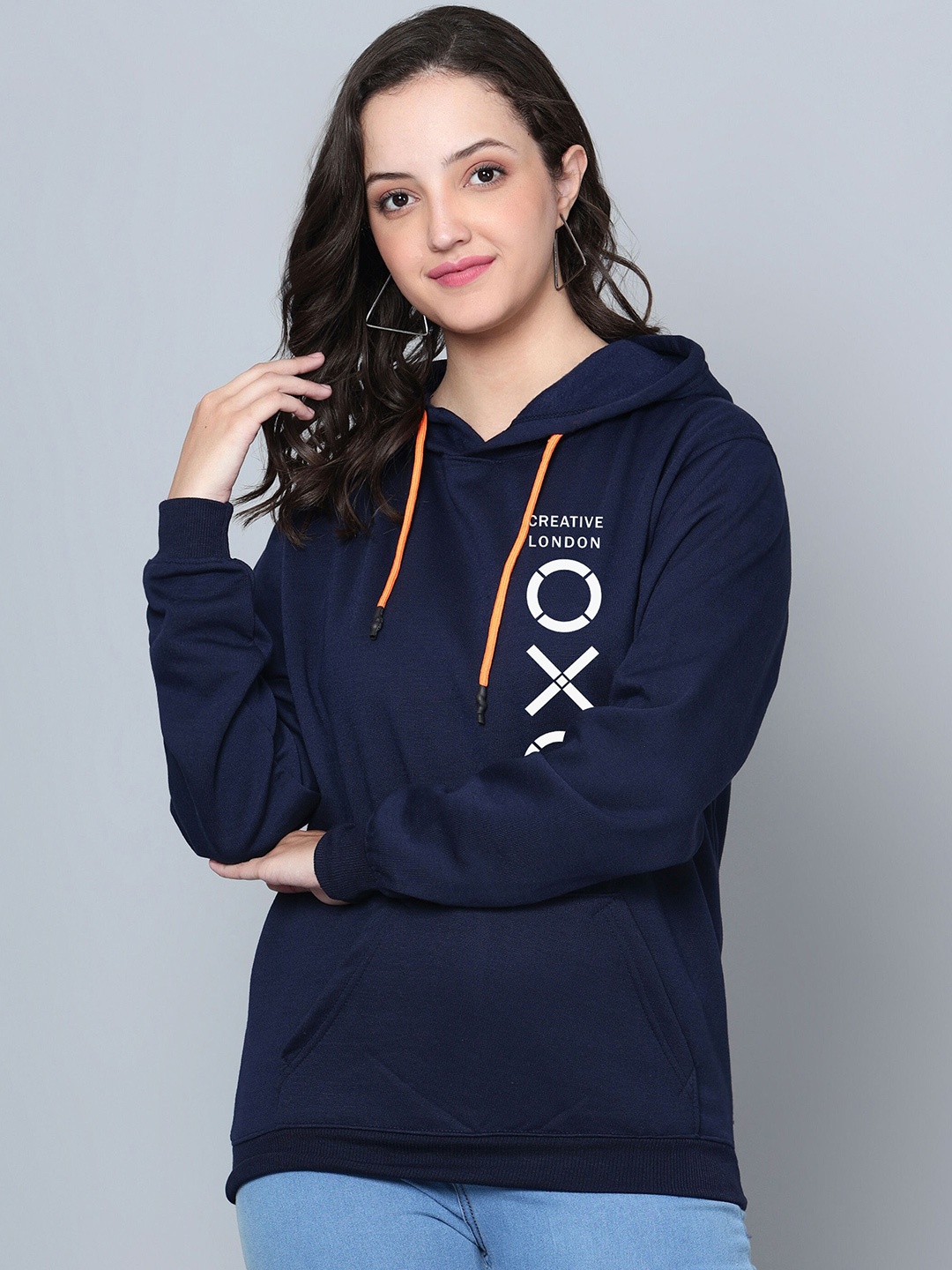 

Fashion And Youth Typography Printed Hooded Long Sleeves Fleece Pullover, Navy blue