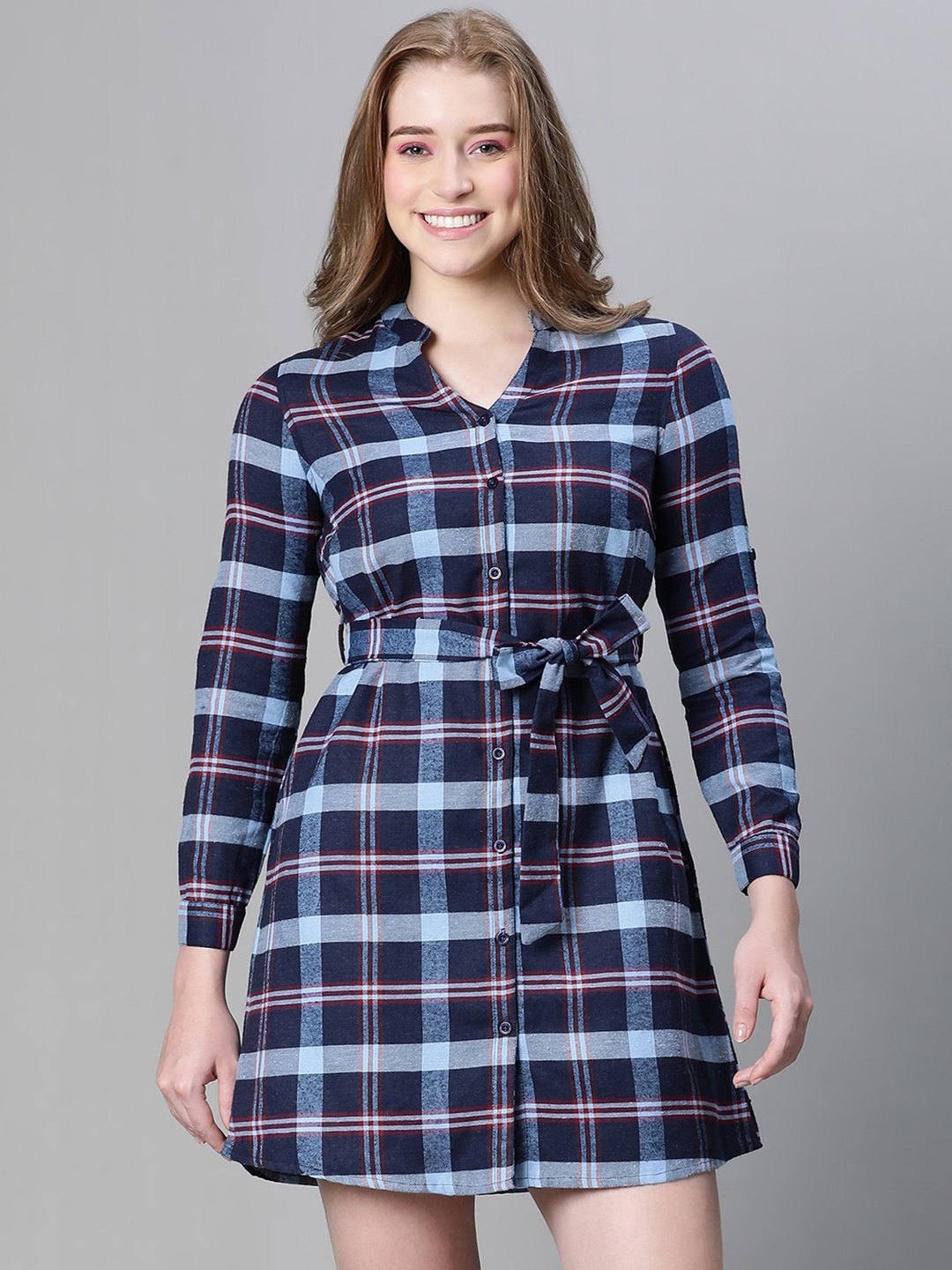 

Oxolloxo Checked Organic Cotton Shirt Mini Dress, Blue