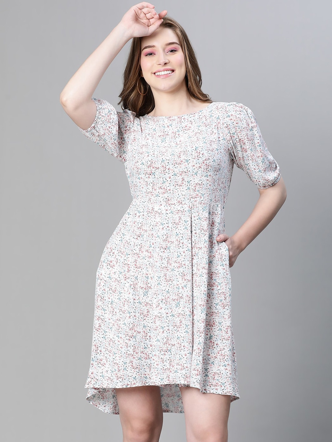 

Oxolloxo Floral Printed Puff Sleeve Fit & Flare Dress, Cream