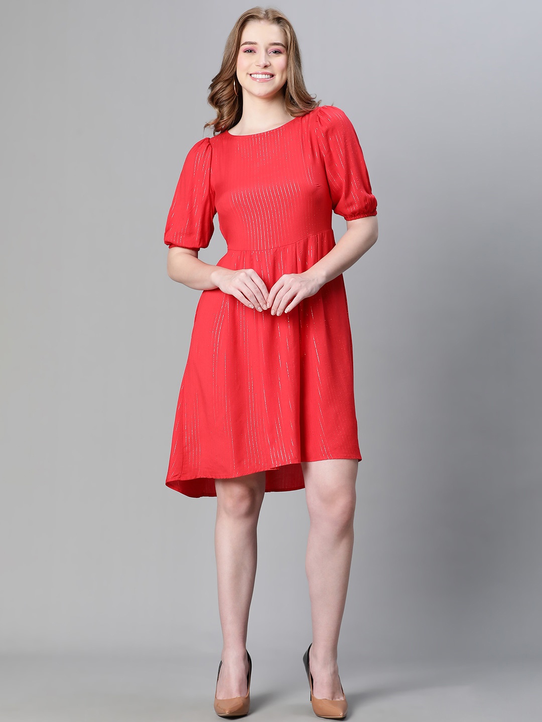 

Oxolloxo Striped Puff Sleeve Fit & Flare Dress, Red