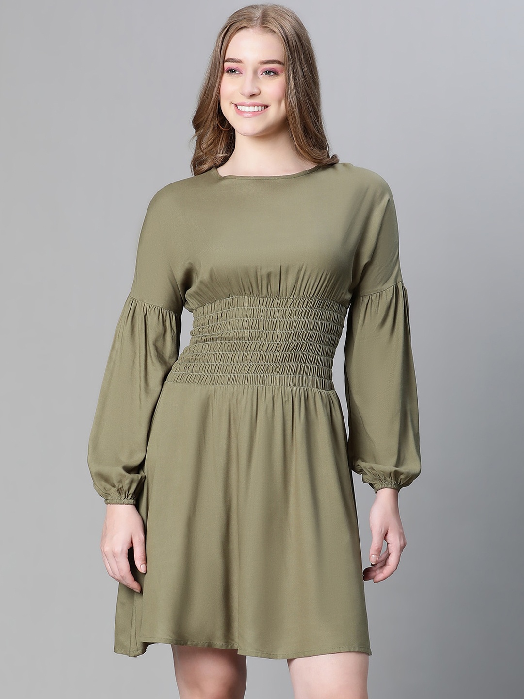 

Oxolloxo Smocked Puff Sleeve Fit & Flare Dress, Khaki