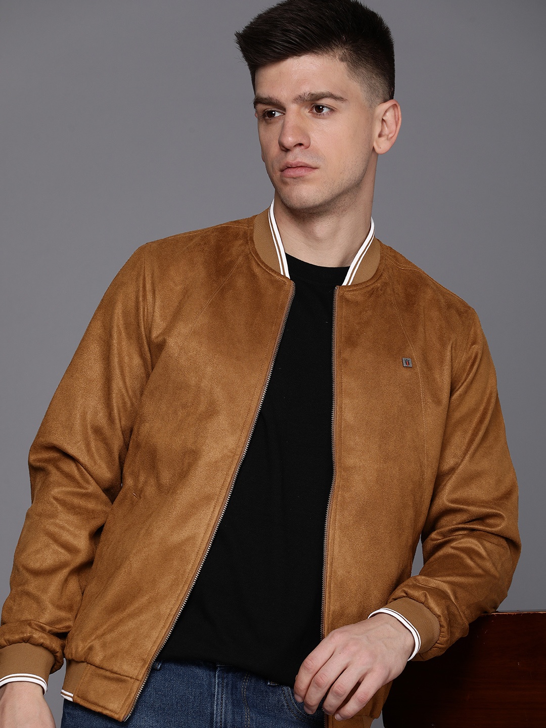 

Louis Philippe Jeans Velvet Finish Bomber Jacket, Camel brown