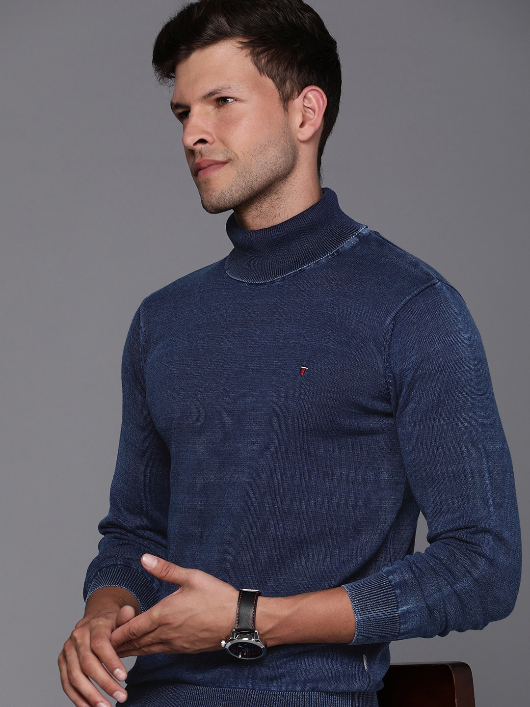 

Louis Philippe Jeans Pure Cotton Turtle Neck Pullover Sweaters, Navy blue