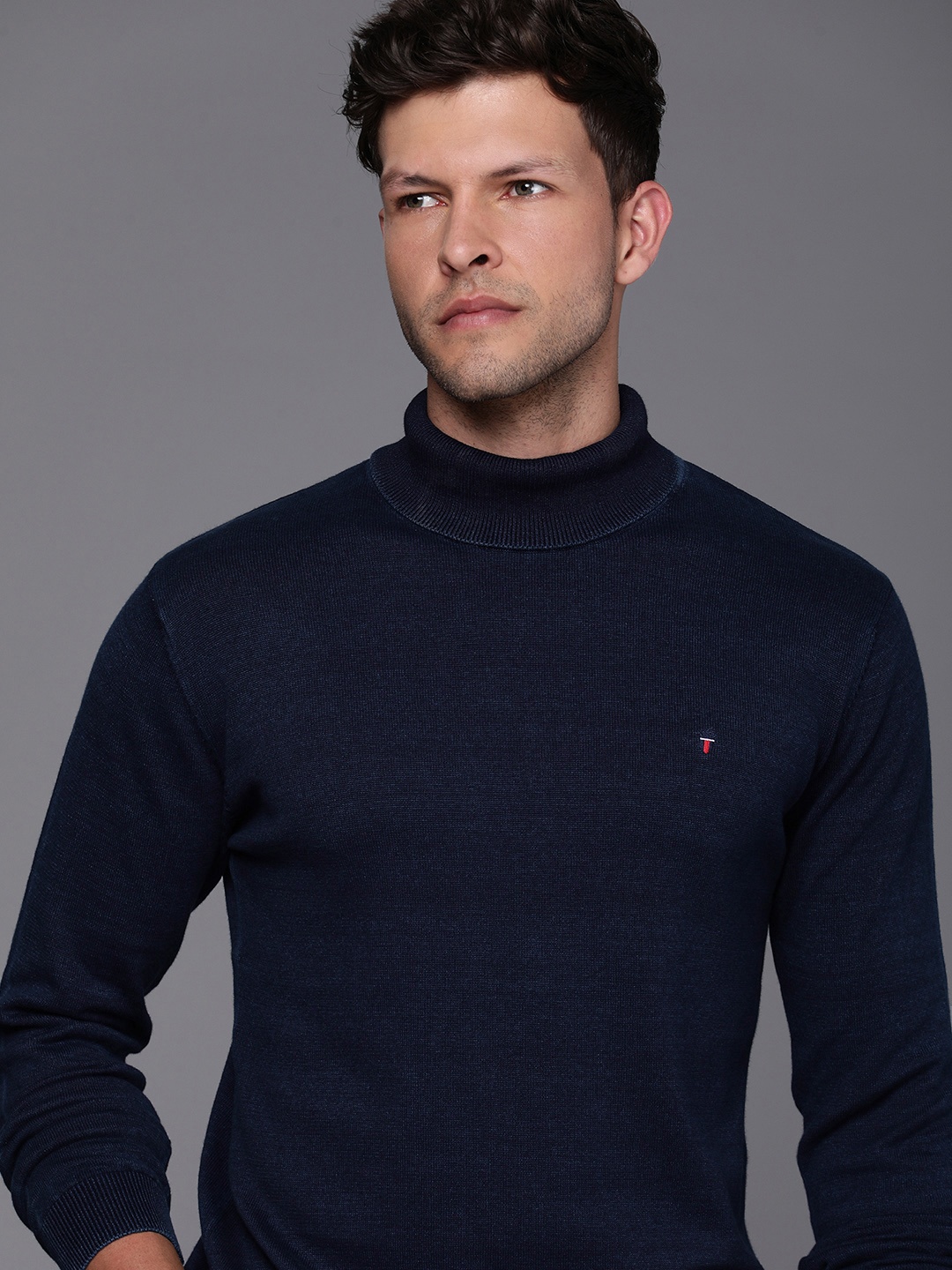 

Louis Philippe Jeans Pure Cotton Turtle Neck Pullover Sweaters, Navy blue