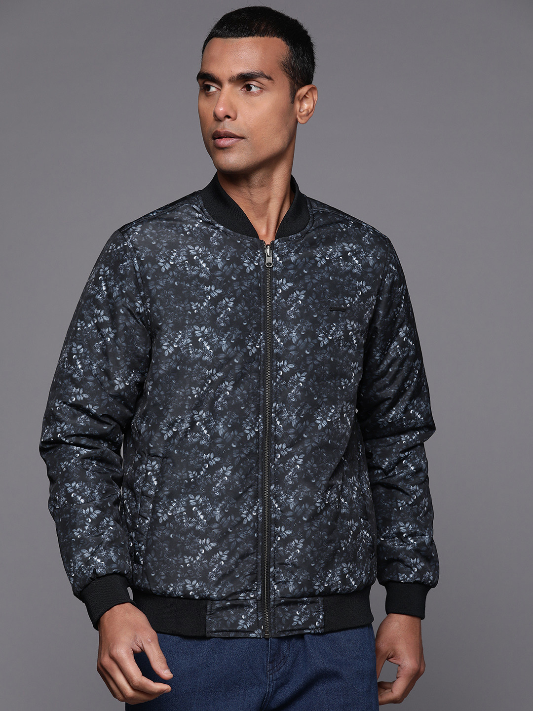 

Louis Philippe Jeans Floral Print Reversible Padded Bomber Jacket, Navy blue