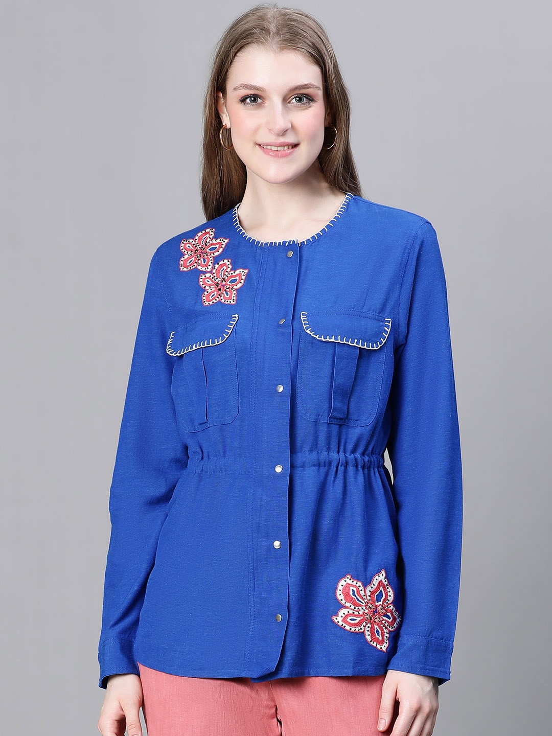 

Oxolloxo Floral Embroidered Lightweight Cotton Tailored Jacket, Blue