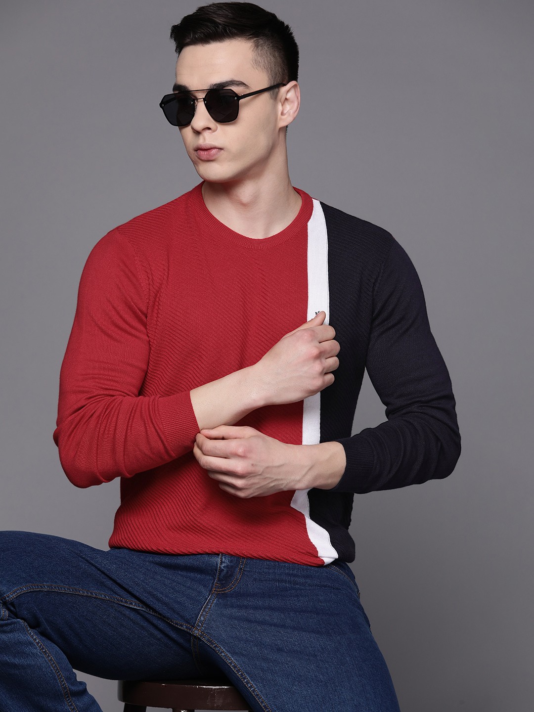 

Louis Philippe Sport Pure Cotton Colourblocked Pullover, Red
