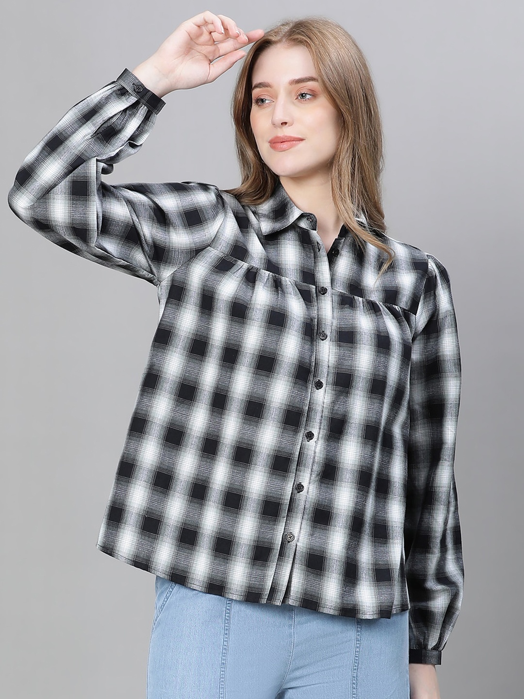 

Oxolloxo Women Black Classic Tartan Checks Opaque Checked Shirt