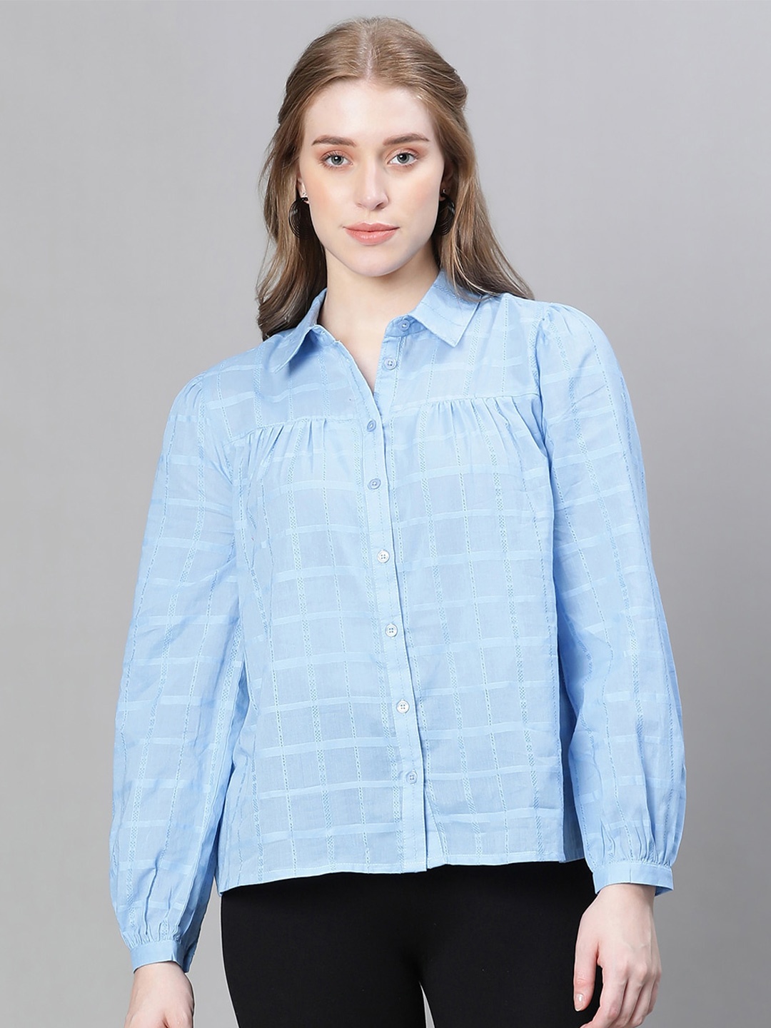 

Oxolloxo Classic Checked Puff Sleeved Cotton Casual Shirt, Blue