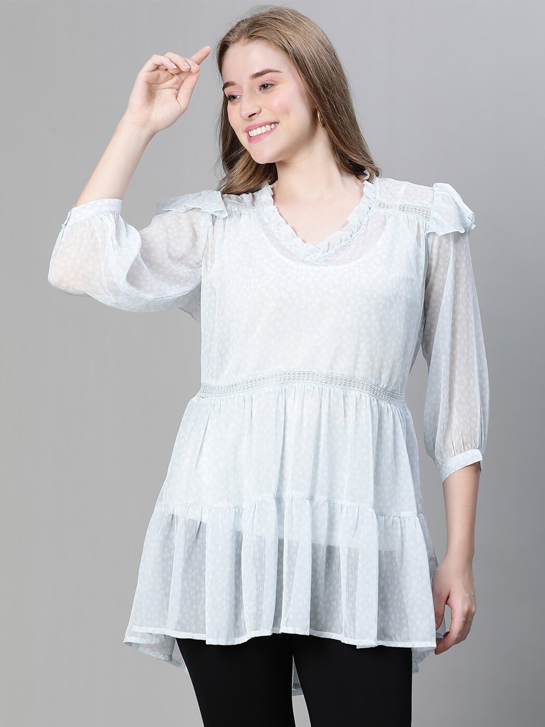 

Oxolloxo Geometric Printed V-Neck Ruffled Tunic, Blue