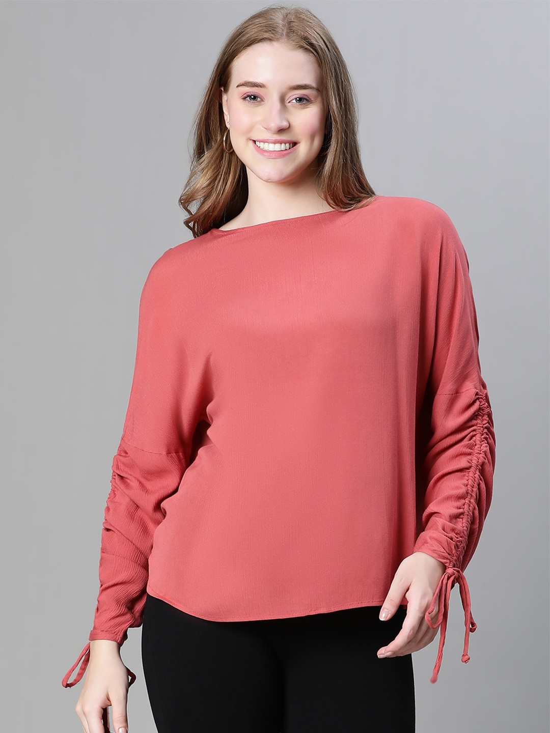 

Oxolloxo Boat Neck Extended Sleeves Ruched & Tie-Ups Detail Top, Rust