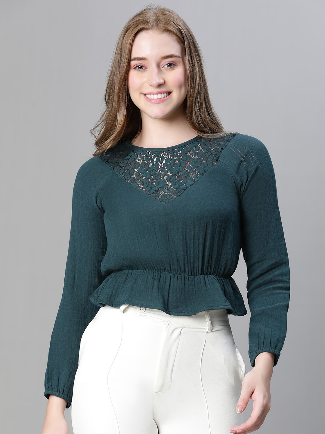 

Oxolloxo Round Neck Cuffed Sleeves Lace-Up Pure Cotton Cinched Waist Crop Top, Green