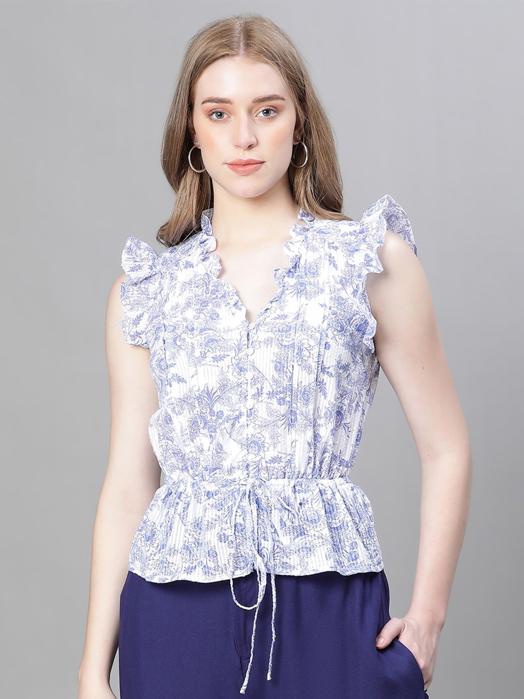 

Oxolloxo Floral Printed V-Neck Flutter Sleeve Ruffles Cotton Cinched Waist Top, Blue